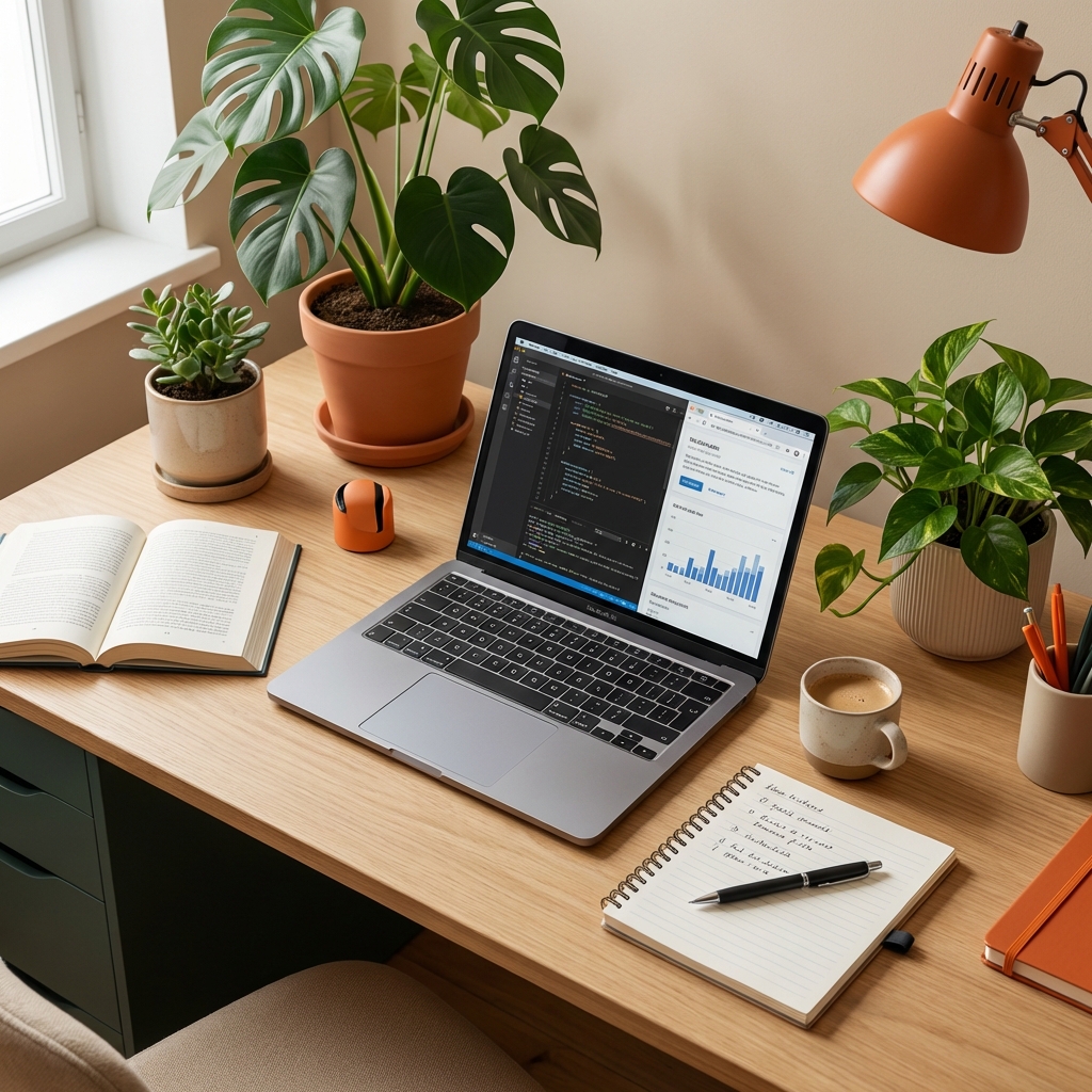 IT、植物、教育をイメージしたデスクの画像